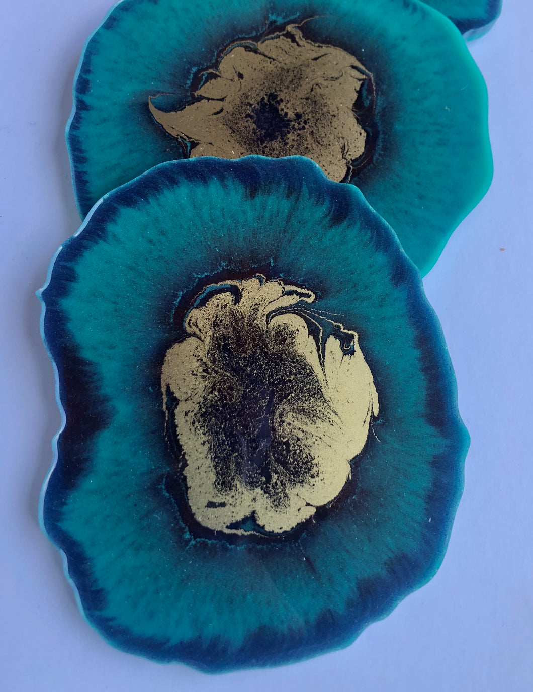 TEAL AND MIXED COLORS w/GOLD -Set of Four (4) Geode Resin Coasters